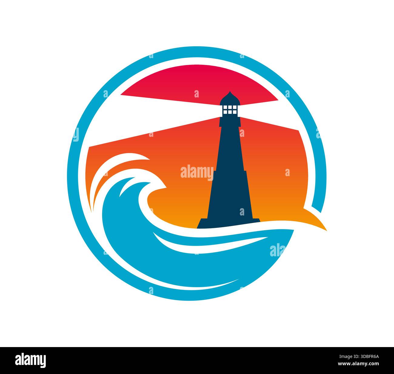 Leuchtturmgebäude und Leuchtturmleuchte. Vektorschild oder Emblem des Yachting Club, Seesailing Laterne Suchlight Icon. Rundsymbol für die Seefahrt mit Leuchtturm, Sturmwelle und Sonnenuntergang Stock Vektor