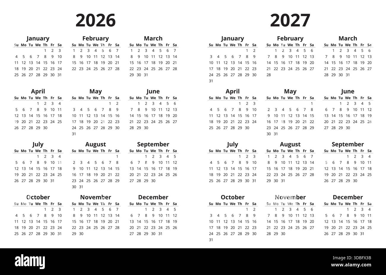 Einfache Jahreskalender 2026 und 2027. Englisches Vektorjahresdesign (Woche beginnt sonntag) Stock Vektor