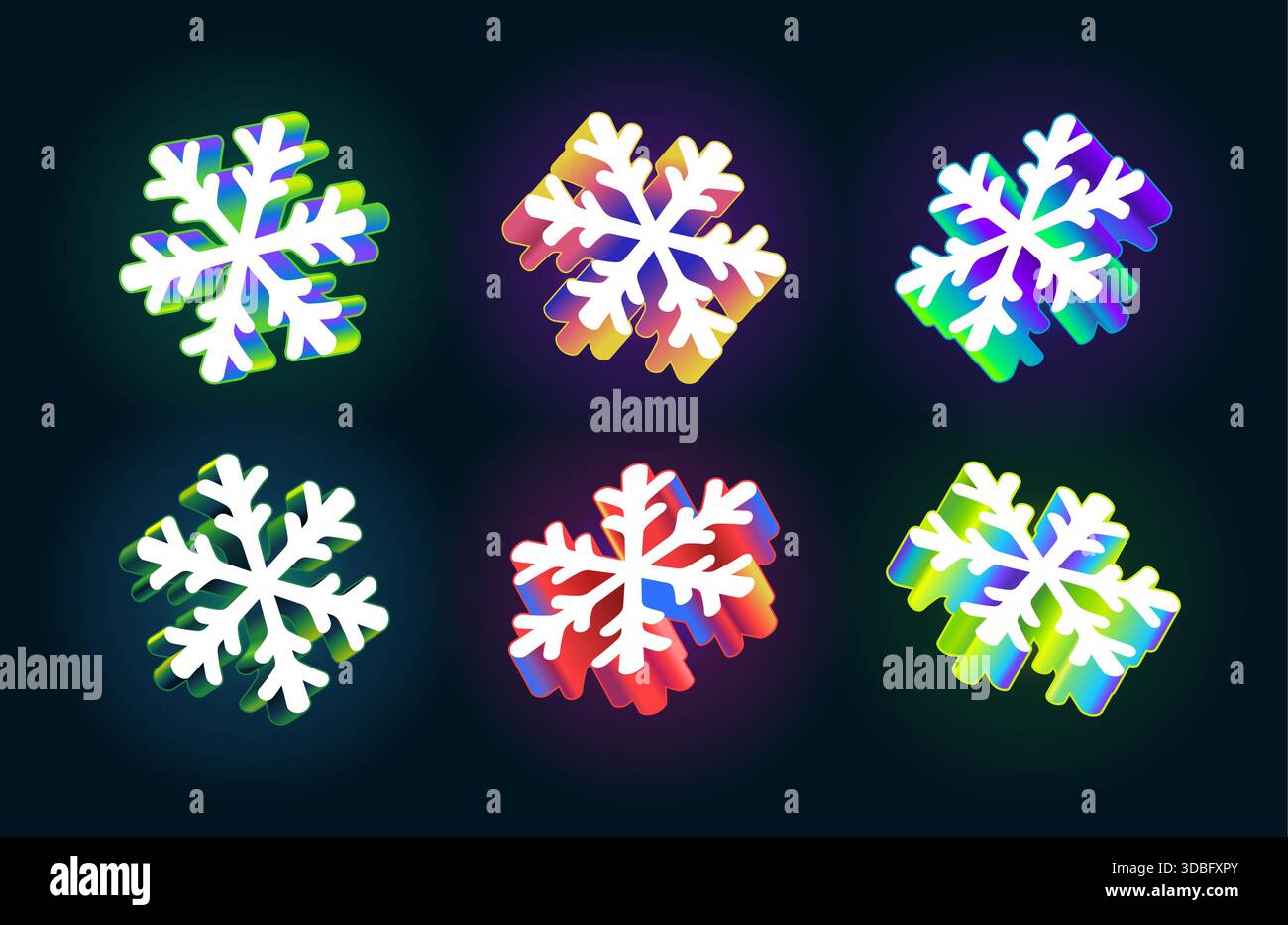 Set aus isometrischen 3D-Schneeflocken mit modernen Neongradienten. Auffällige Linien, dynamische Neigung. Trendiges dekoratives Element für das Design der Winterferien. Editierbare Vektor-EPS10-Grafiken. Stock Vektor