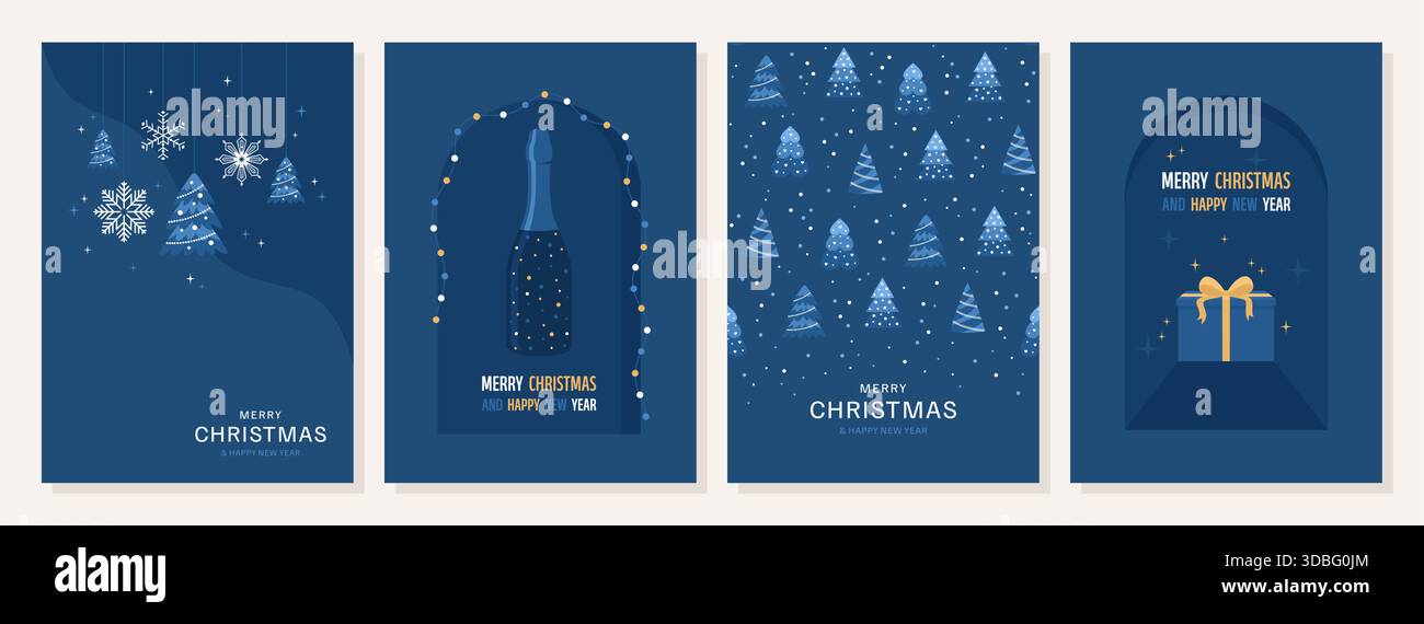 Set aus Weihnachts- und Neujahrsgrußkarten mit Weihnachtsdesign-Elementen in vertikalem Format und dunkelblauen Farben. Illustration des flachen Vektors Stock Vektor