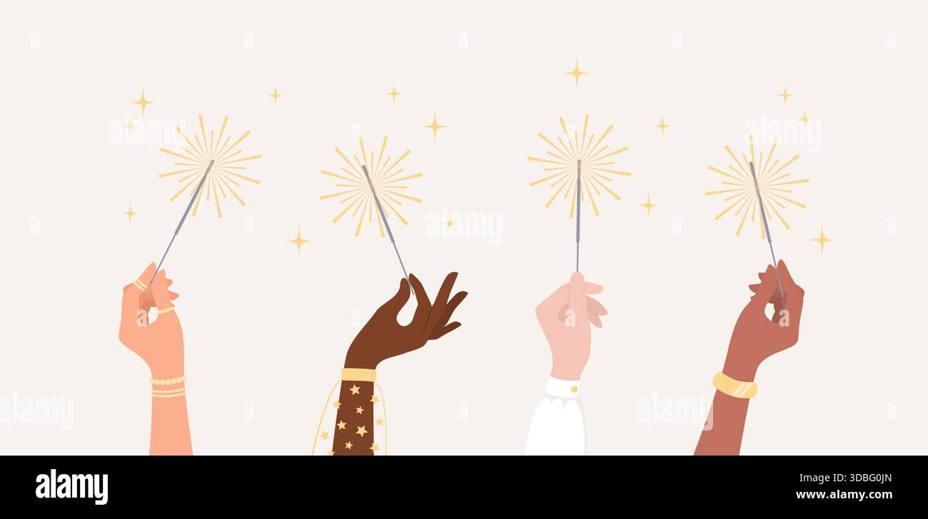 Hände von Frauen verschiedener Nationalitäten und Hauttöne mit brennenden Funkeln. Illustration des flachen Vektors Stock Vektor