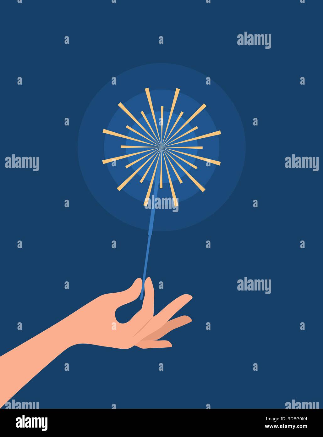 Hand, die einen brennenden Glitzer auf einem dunkelblauen Hintergrund hält, flache Vektorillustration Stock Vektor