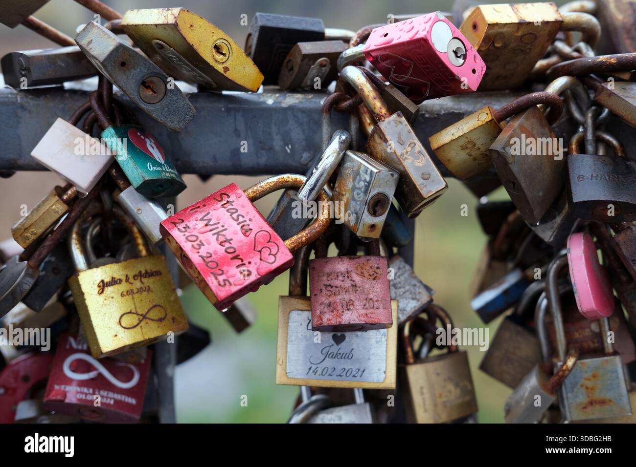 Enge Nahaufnahme zahlreicher Vorhängeschlösser in verschiedenen Farben und Ausführungen, die an miteinander verflochtenen Metallketten befestigt sind, eingravierte Namen und Daten sichtbar. Stockfoto