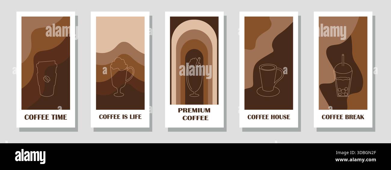 Set mit Postern mit geometrischem Muster und Kaffeedesign. Poster, Flyer, Karte, Banner, Titelvorlage zum Thema Kaffee. Vektorzeichnung, Konstruktionselement. Stock Vektor