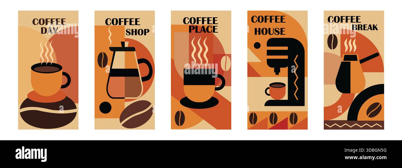 Set mit Postern mit geometrischem Muster und Kaffeedesign. Poster, Flyer, Karte, Banner, Titelvorlage zum Thema Kaffee. Vektorzeichnung, Konstruktionselement. Stock Vektor