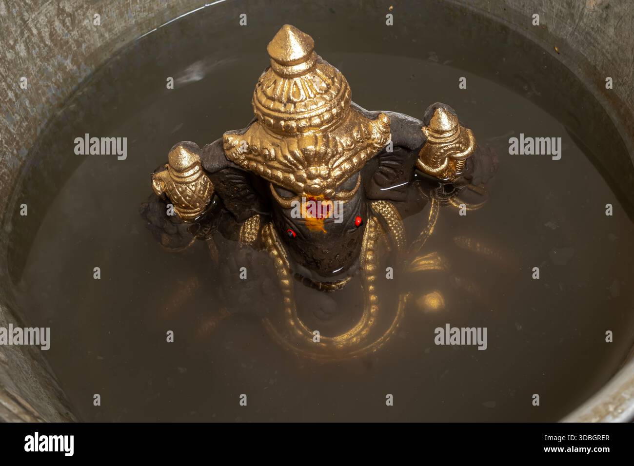 Ein goldenes Ganesha-Idol, das während des Ganesh Chaturthi-Rituals in Wasser getaucht ist und die traditionelle Hindufestszene einfängt. Stockfoto