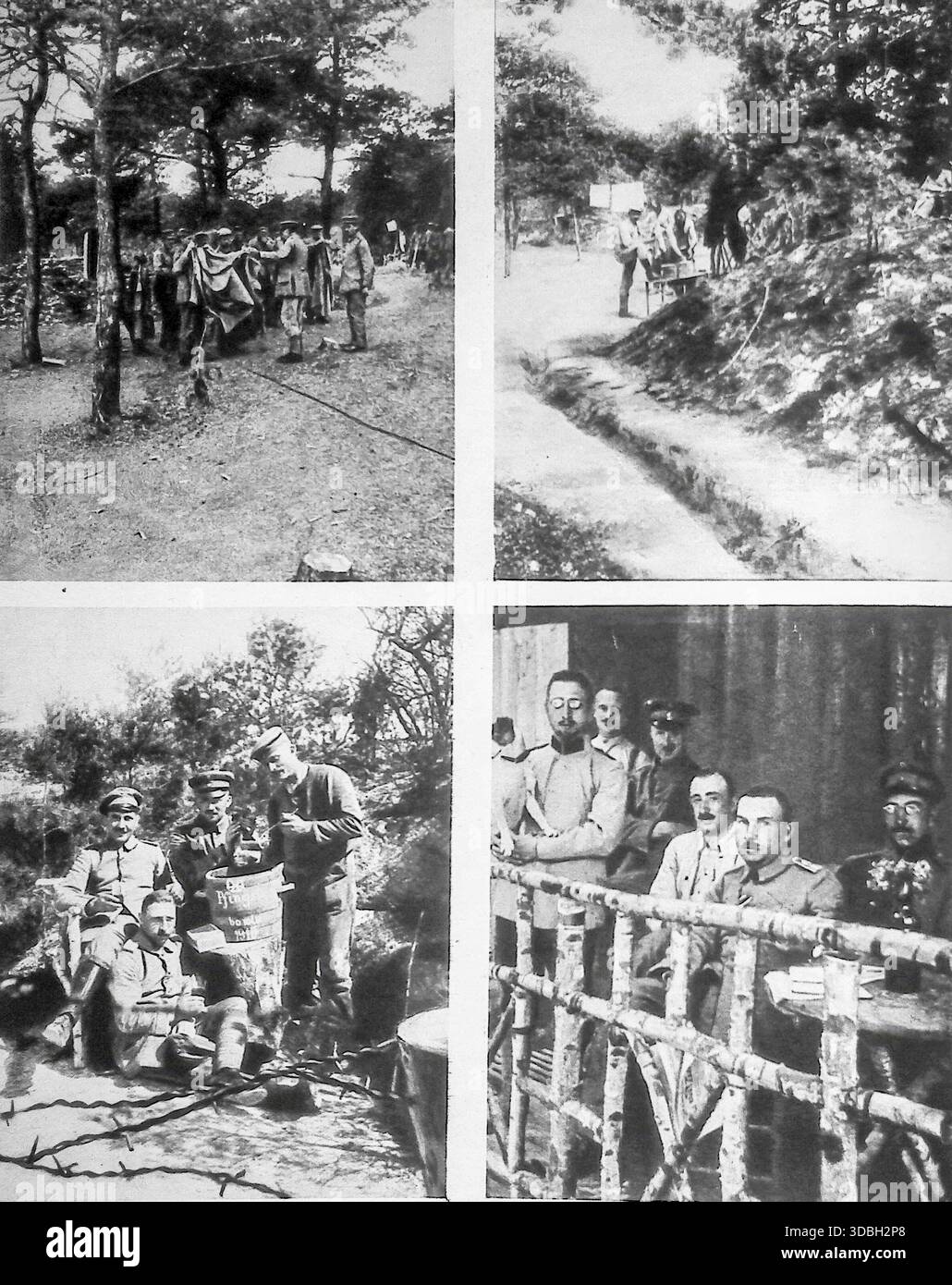 Seite des französischen Magazins Le Miroir vom Sonntag, 17. Oktober 1915, mit einer Fotomontage mit dem Titel „Photos livrées par un Prison Allemand“. Die Bilder zeigen die Anordnung der deutschen Zweitlinien in der Champagne vor dem 25. September 1915, einschließlich Soldaten, die Vorräte (Capoten, Wein, Zigarren, Pfeifen) erhalten, und einer Gruppe von Offizieren, die sich entspannen. Die Szenen bieten einen seltenen Einblick in die deutschen Gräben an der Westfront, die von den Franzosen zu Propagandazwecken verteilt wurden. Stockfoto