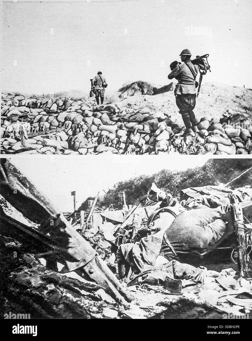 Seite aus der französischen Zeitschrift Le Miroir vom Sonntag, 17. Oktober 1915, mit dem Titel „EnlËvement du Butin dans les Lignes Conquises“. Die Fotos zeigen den Transport von Trophäen aus gefangenen deutschen Gräben bei Trou-Bricot und Souchez. Das obere Bild zeigt Soldaten, die entlang eines mit Sandsäcken gesäumten Grabens laufen. Das untere Bild zeigt die immensen Trümmer und die Ruinen der Ausrüstung, einschließlich Gasmasken und Gewehre, nach einem intensiven französischen Artilleriebeschuss auf einen deutschen Graben in Souchez. Stockfoto