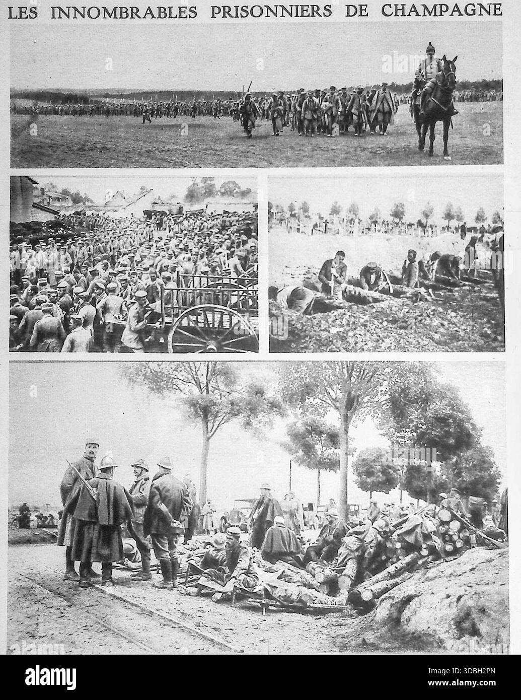 Seite der französischen Zeitschrift Le Miroir, vom Sonntag, 17. Oktober 1915, mit dem Titel "Les Innombrables Prisonniers de Champagne". Die Fotomontage zeigt vier Bilder, die die große Anzahl deutscher Gefangener während der jüngsten Offensive bei Auvé, Châlons und Suippes dokumentieren. Die Szenen zeigen lange Reihen von Gefangenen, die unter Bewachung marschieren, verwundete Deutsche und Franzosen am Boden gepflegt werden und eine große Gruppe von Männern, die sich in einem Park versammelten. Der artikel betont den Umfang des französischen Erfolgs an der Westfront des Ersten Weltkriegs. Stockfoto