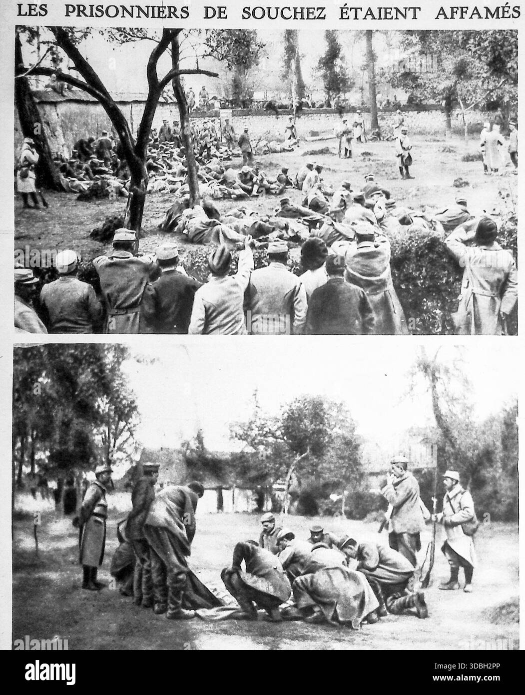 Seite aus der französischen Zeitschrift Le Miroir vom Sonntag, 17. Oktober 1915, mit dem Titel "Les Prisonniers de Souchez étaient Affamés" (die Gefangenen von Souchez verhungerten). Die Fotos zeigen deutsche Kriegsgefangene, die in der Nähe von Souchez gefangen genommen wurden und eifrig Essen nahmen. Das obere Bild zeigt eine große Gruppe von Männern in einer parkähnlichen Umgebung. Das untere Bild zeigt Gefangene, die sich um einen Sack mit Soldatenkeksen drängen, die ihnen gerade gebracht wurden. Dieser artikel dient als französische Propaganda, in der die feindlichen Truppen während des Feldzugs der Westfront des Ersten Weltkriegs als verhungert und demoralisiert dargestellt werden. Stockfoto