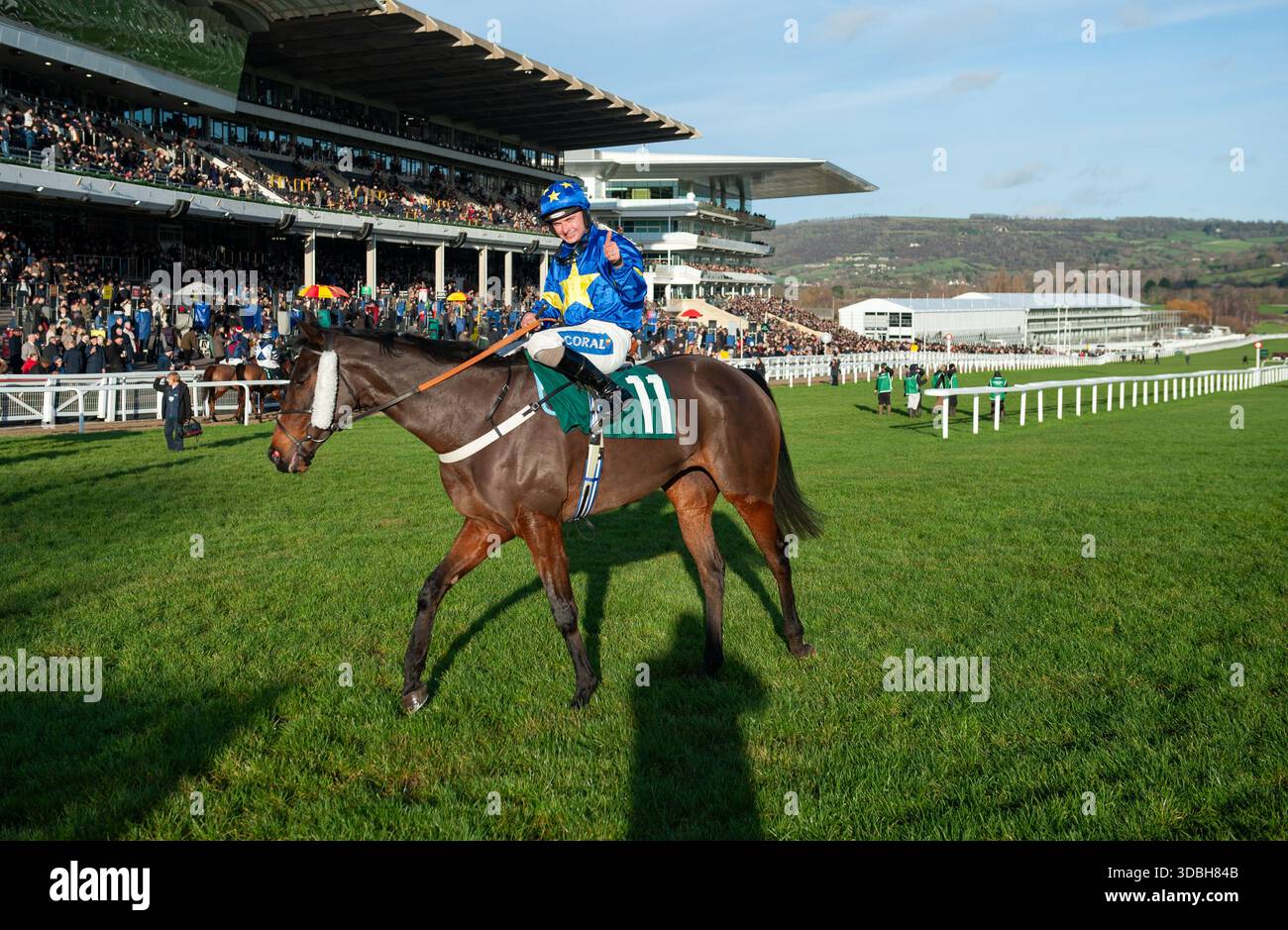 Cheltenham, Vereinigtes Königreich. Samstag, 13. Dezember 2025 Glengouly und Sean Bowen gewinnen den Support the Hunt Family Fund December Gold Cup Handicap Chase Stockfoto