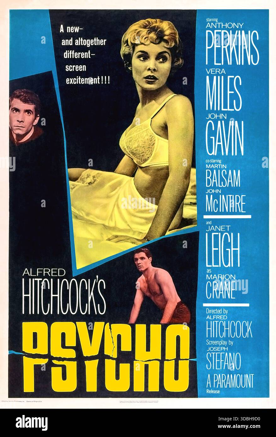 Restauriertes Poster für die amerikanische Theaterveröffentlichung von Alfred Hitchcocks Film Psycho aus dem Jahr 1960. Im Uhrzeigersinn von oben links: Anthony Perkins (rot), Janet Leigh (gelb) und John Gavin (rot). Diese Version des Posters verwendete Halbtonpunkte für die fotografischen Elemente. Stockfoto