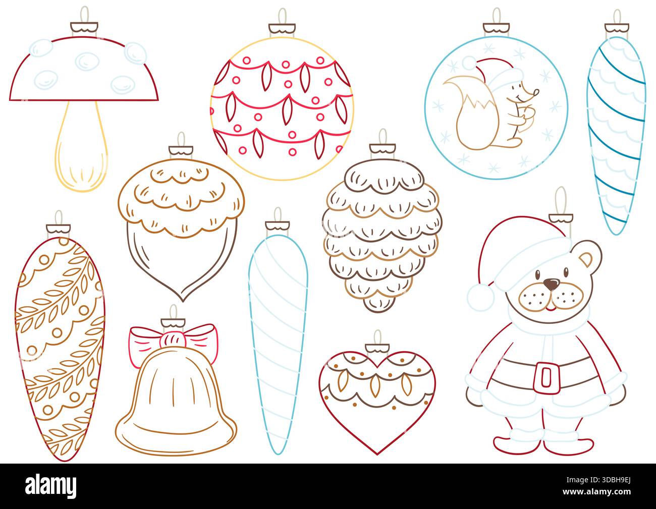 Weihnachtsbaumschmuck, Weihnachtsschmuck. Satz von Umrissdarstellungen. Handgezeichneter, farbiger Umriss. Designs zum Ausmalen von Seiten, Postkarten. Schlecht Stock Vektor
