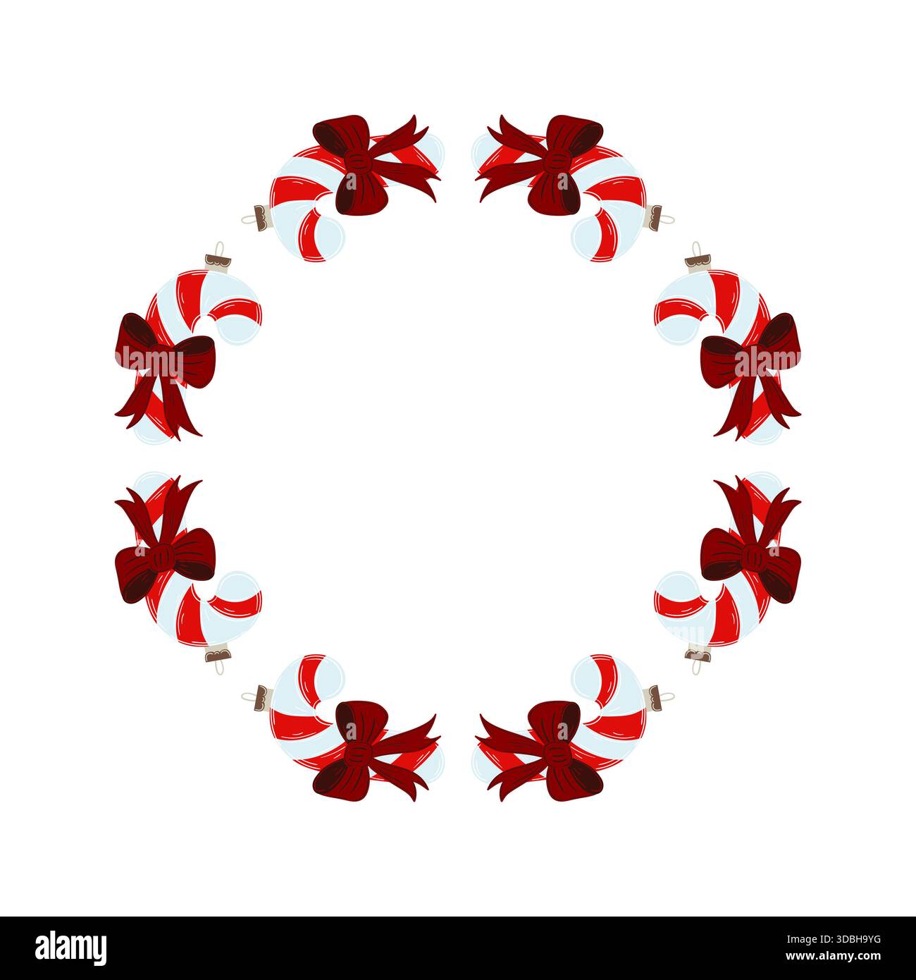 Weihnachtsbaumschmuck. Runder Rahmen aus Candy Cane Weihnachtsbaumschmuck. Vorlage für Ihre Kreativität. Design für Postkarten, Flyer und b Stock Vektor