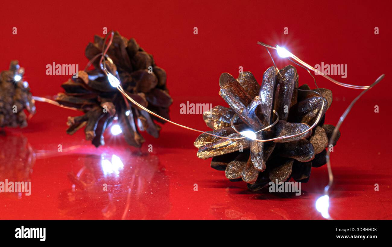 Festliches Stillleben mit Tannenzapfen in einem Glasgefäß, warmen Lichterketten und rotem Hintergrund, perfekt für Weihnachten oder Winter. Stockfoto