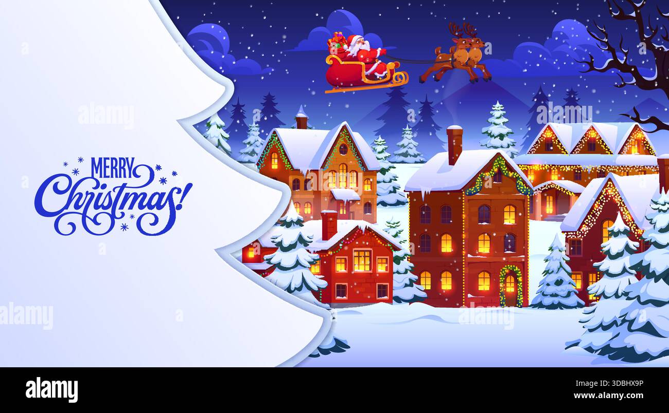 Weihnachtsstadt und Weihnachtsmann Schlitten Papier geschnitten Banner Stock Vektor