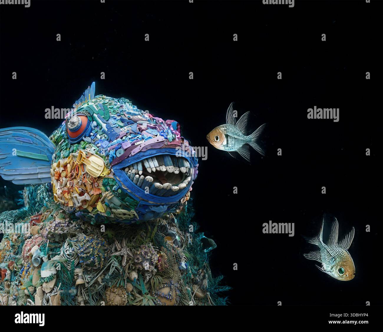 NEWPORT, OREGON - 3. September 2025 - große bunte Fischskulptur aus recyceltem Plastikabfall in Newport. Oregon Stockfoto