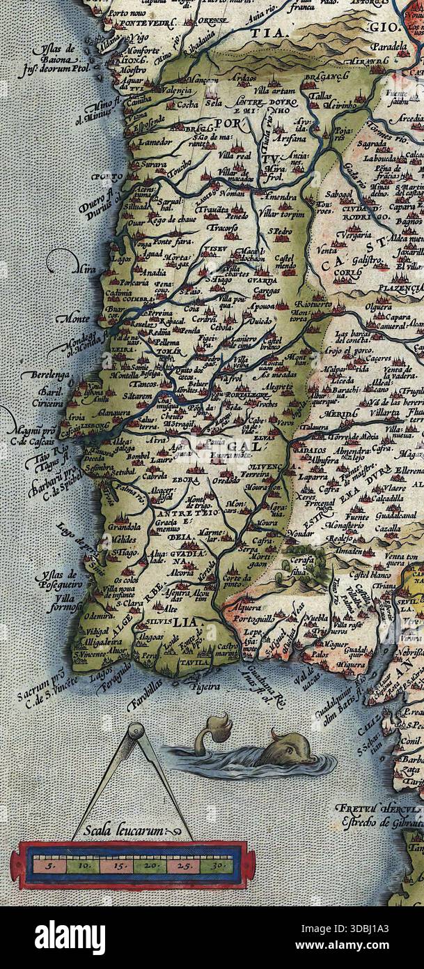 Klassische kartographische Darstellung von Portugal und Galicien, die geografische Nuancen durch farbenfrohe Details von Landschaften, Wasserstraßen und urb enthüllt Stockfoto