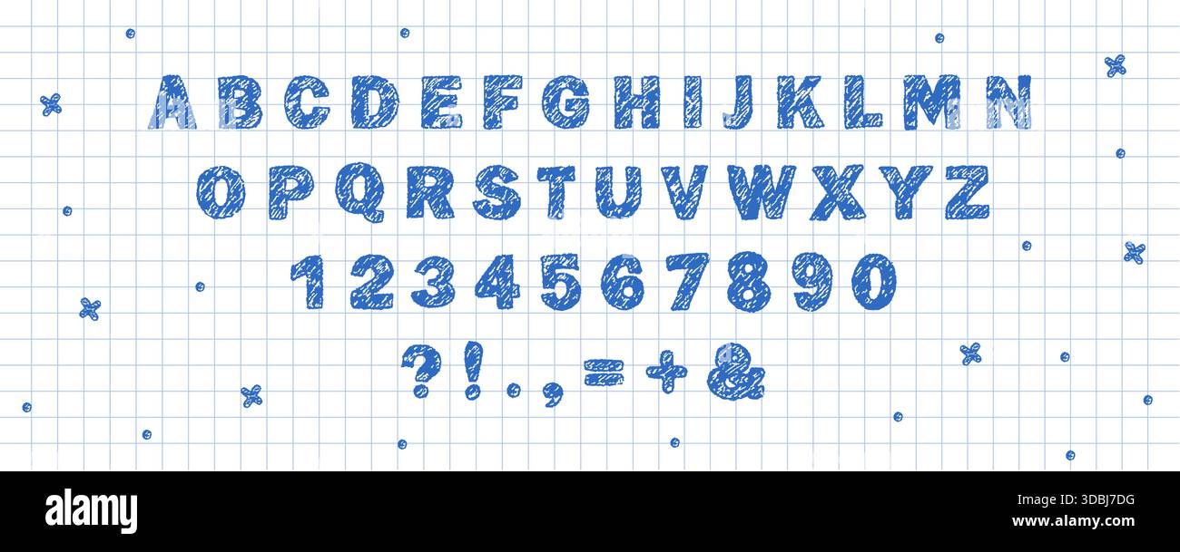 Buntstift mit englischem Alphabet. Verspielte Buntstift-Schriftart. Kindgerechte Kritzeltextur für lustige Designs und Bildungsprojekte für Kinder und Kindergarten Stock Vektor