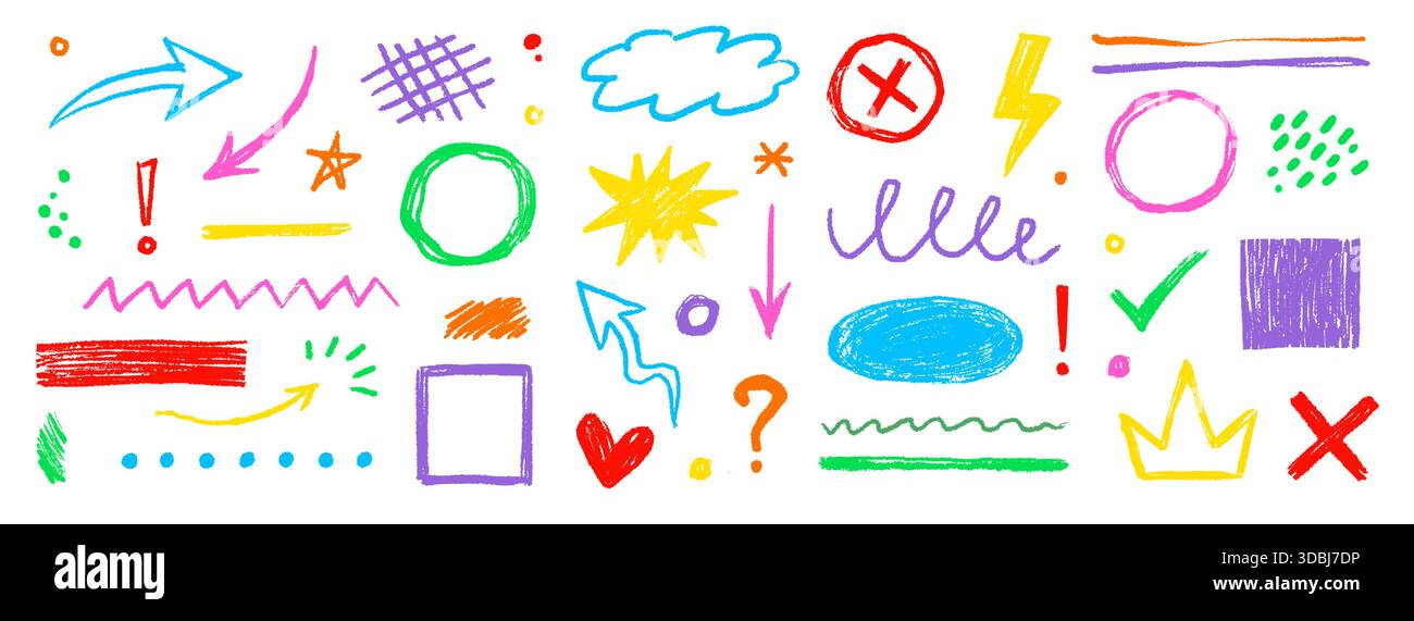 Handgezeichnete Kreidepfeile, Kreidekreise, Punktfarbsatz. Strukturierte Kreidestriche mit kindlichen Kritzeleien, Punkten, Kritzeleien, Bleistiftunterstrichen in Pastellfarben, Stern- und Pfeilelementen. Vektorabbildung Stock Vektor