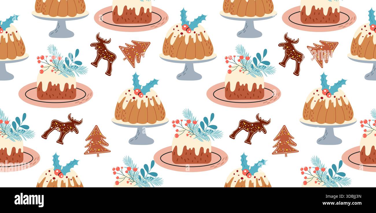 Handgezeichnetes nahtloses Muster mit Weihnachtskuchen und Lebkuchenkeksen. Stock Vektor