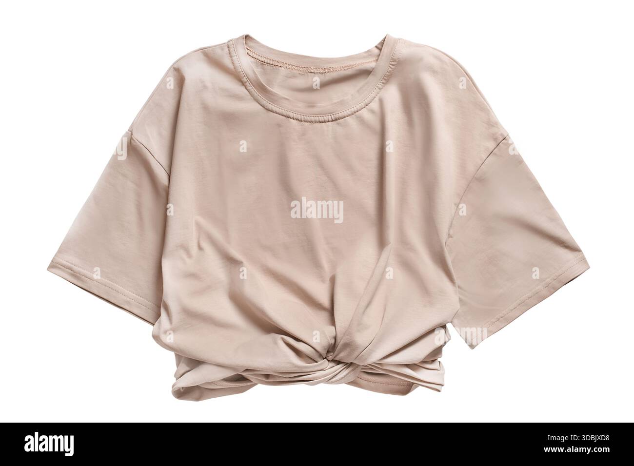 Gebundenes, beigefarbenes Baumwoll-Basic-T-Shirt isoliert auf weißem Hintergrund Stockfoto