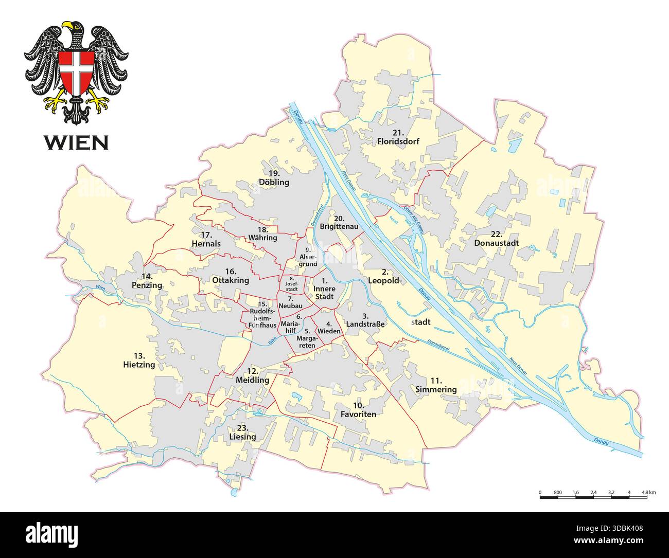 Verwaltungskarte der österreichischen Hauptstadt Wien Stockfoto