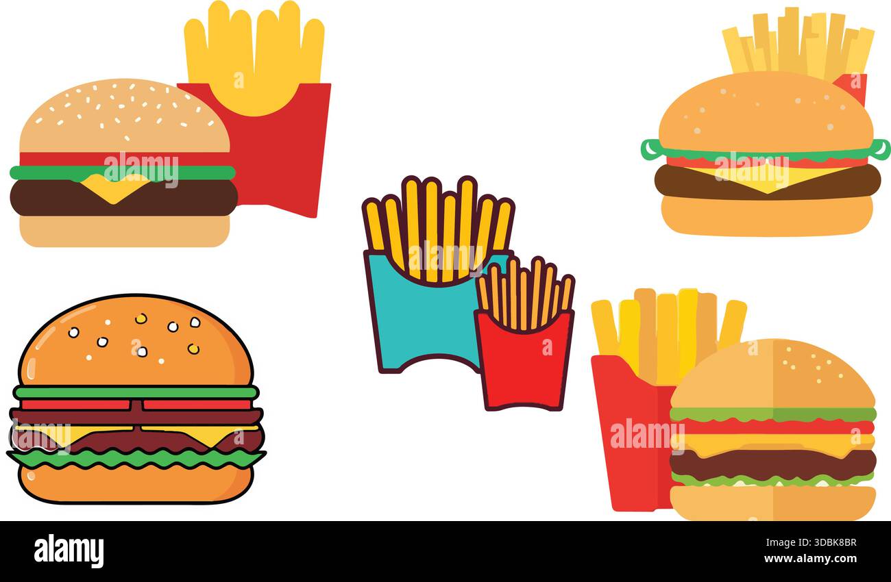 Farbenfrohe Fast Food-Symbole mit Burgern und Pommes Frites Stock Vektor