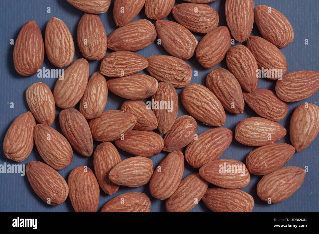 Mandeln liegen auf einem einfachen Blatt Papier auf und betonen ihre natürliche Textur in einer sauberen minimalen Szene. Stockfoto
