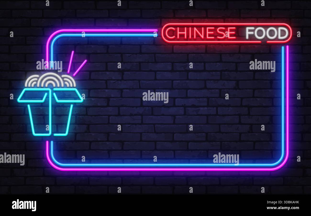 Heller Neonvektorrahmen mit chinesischem Lebensmittelschild und Icon zum Mitnehmen. Perfekt für Restaurantwerbung, Menügestaltung, Street Food Poster und moderne asiatische Küche Stock Vektor