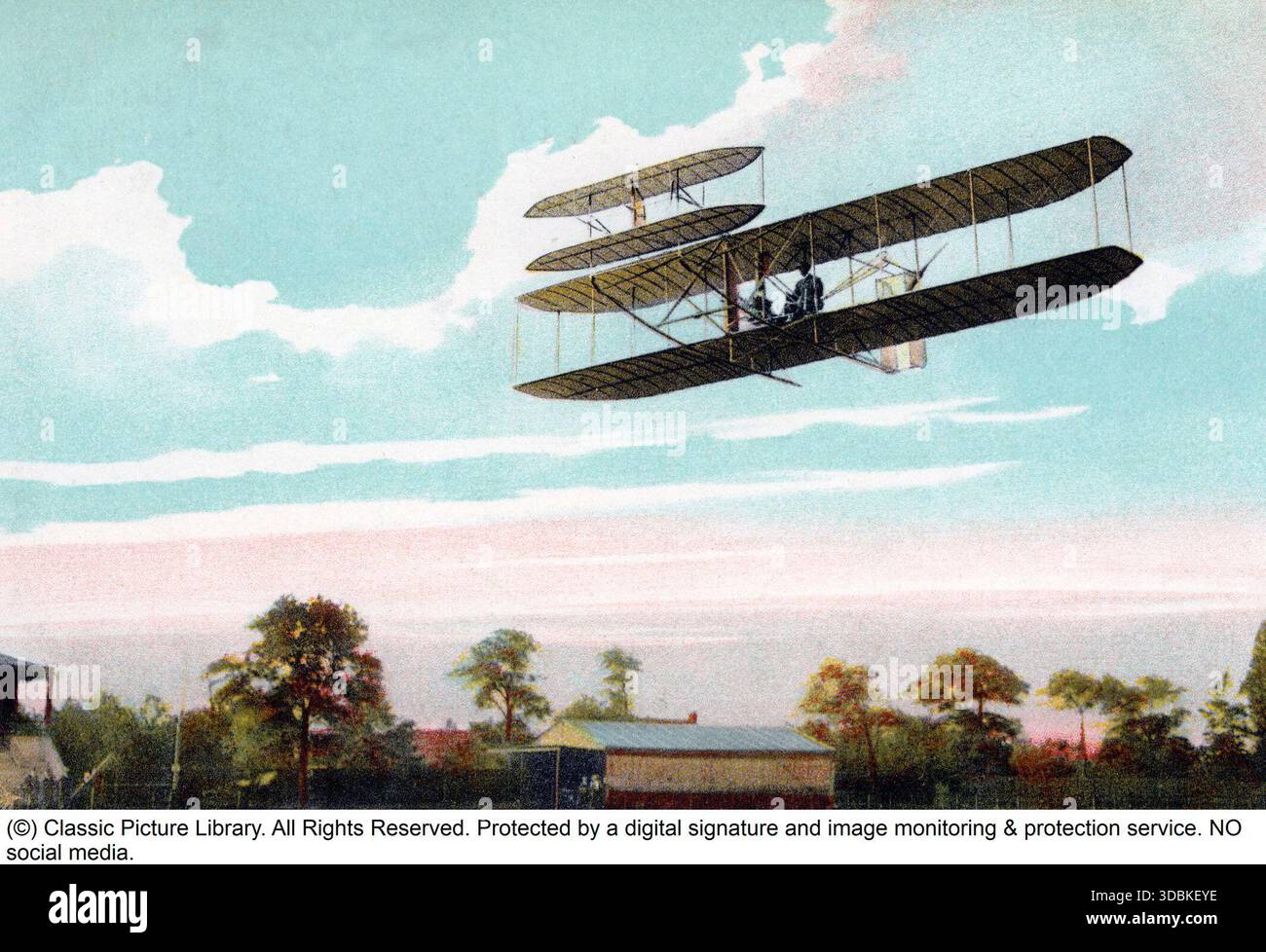 Die Wright Brothers. Die amerikanischen Erfinder Wilbur Wright (1867–1912) und Orville Wright (1871–1948), Autodidakt Ingenieure aus Ohio, erreichten die weltweit ersten motorisierten, nachhaltigen und kontrollierten Flugzeugflüge. Nach jahrelangem Experimentieren mit Segelflugzeugen in Kitty Hawk, North Carolina, flogen sie am 17. Dezember 1903 erfolgreich ihr Doppeldecker, den Wright Flyer. Orville steuerte den historischen ersten Flug, der 120 Fuß (36 Meter) in 12 Sekunden zurücklegte. An diesem Tag absolvierten die Brüder insgesamt vier Flüge, wobei der längste – von Wilbur gesteuert – 852 Fuß (260 Meter) in 59 Sekunden erreichte Stockfoto