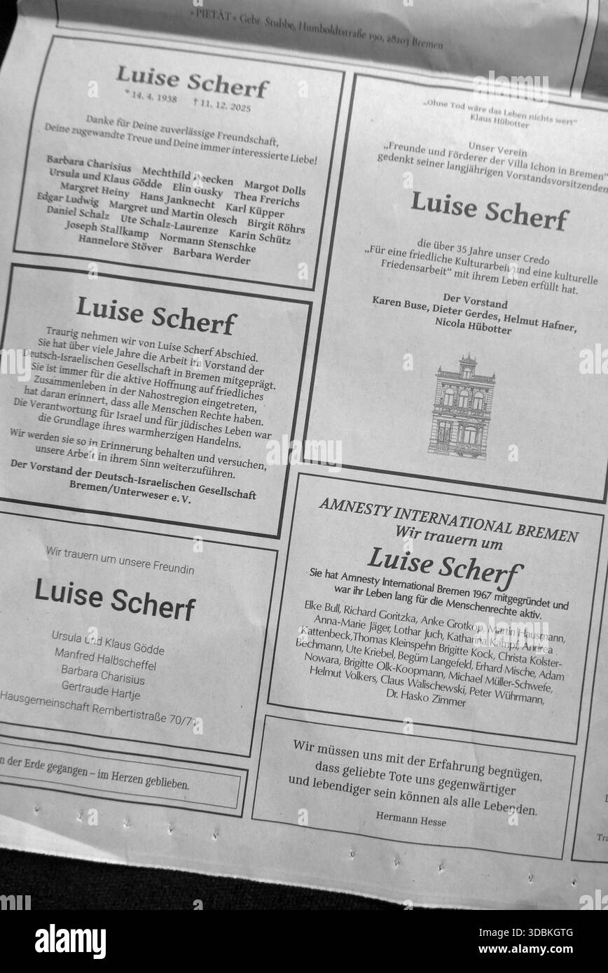 Luise Scherf, Ehefrau des Bremer Altbürgermeisters Henning Scherf SPD, ist am 11. Dezember 2025 im Alter von 87 Jahren gestorben. Die ehemalige Musikpädagogin und sogenannte First Lady des kleinsten Bundeslandes engagierte sich in mehreren Initiativen, unter anderem bei Amnesty International und dem gemeinnützigen Verein Pan y Arte, der Kulturprojekte in Nicaragua fördert. Änderungsantrag 17. Dezember 2025 erinnerten Angehörige, Freunde und Hilfsorganisationen mit Todesanzeigen im Weser-Kurier an ihre langjährige Mitstreiterin. *** Luise Scherf, Ehefrau von Bremens, ehemaliger Bürgermeister Henning Scherf SPD, starb am 11 Stockfoto