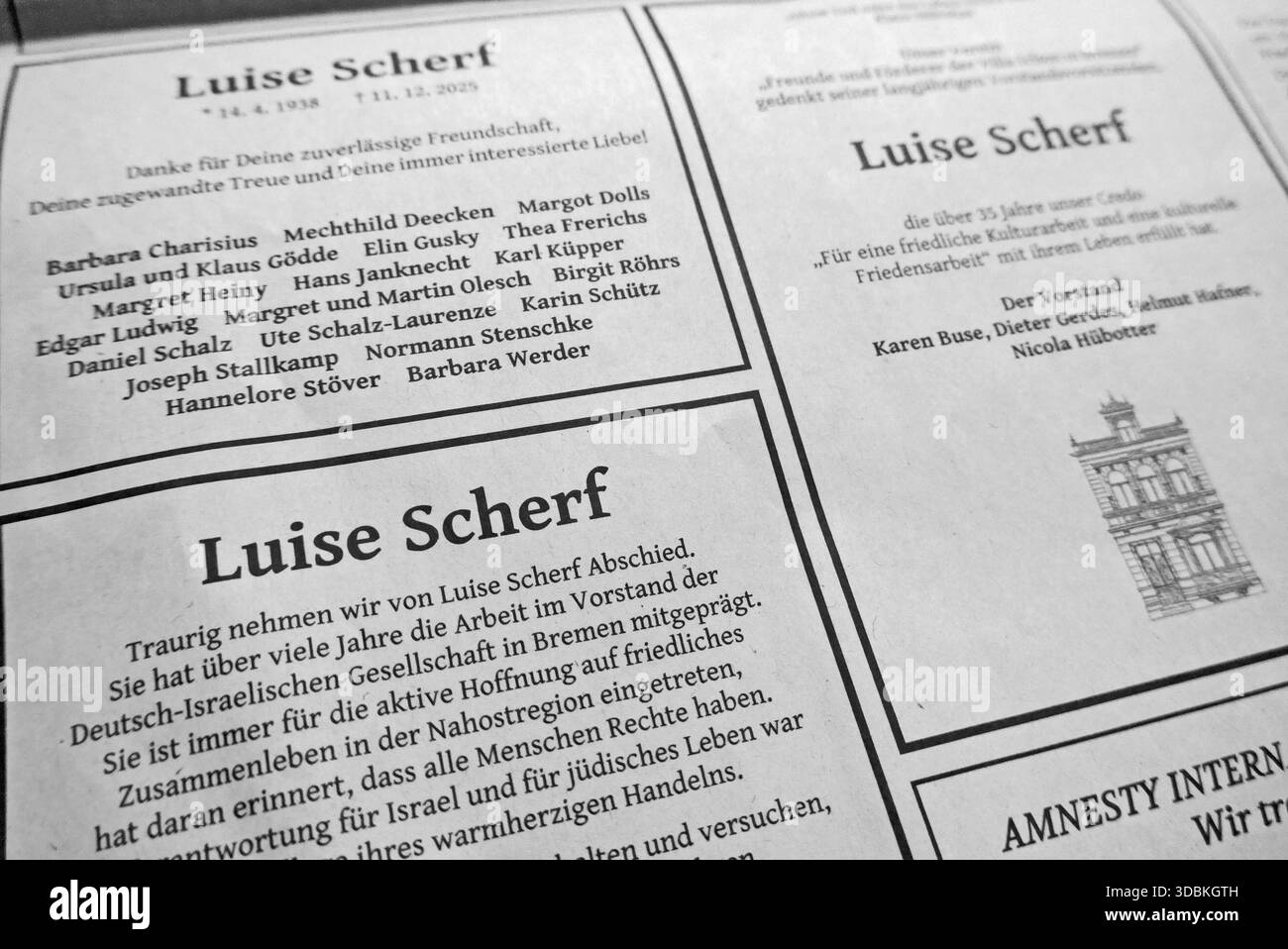 Luise Scherf, Ehefrau des Bremer Altbürgermeisters Henning Scherf SPD, ist am 11. Dezember 2025 im Alter von 87 Jahren gestorben. Die ehemalige Musikpädagogin und sogenannte First Lady des kleinsten Bundeslandes engagierte sich in mehreren Initiativen, unter anderem bei Amnesty International und dem gemeinnützigen Verein Pan y Arte, der Kulturprojekte in Nicaragua fördert. Änderungsantrag 17. Dezember 2025 erinnerten Angehörige, Freunde und Hilfsorganisationen mit Todesanzeigen im Weser-Kurier an ihre langjährige Mitstreiterin. *** Luise Scherf, Ehefrau von Bremens, ehemaliger Bürgermeister Henning Scherf SPD, starb am 11 Stockfoto