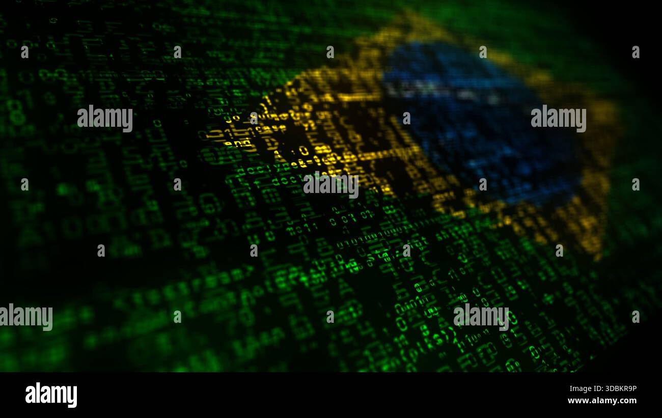Brasilianische digitale Technologie markiert Cyber-Hintergrund. Illustration des brasilianischen Banners Cyberangriffe und Spionage. Stockfoto