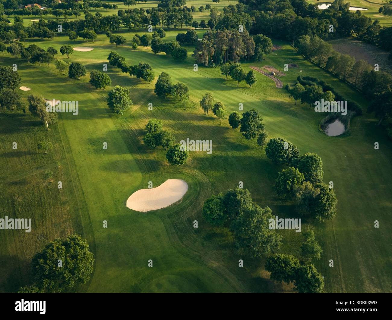 Drohnenfoto eines malerischen Golfplatzes mit Sandbunkern, Bäumen und einem kleinen Teich im warmen Abendlicht. Ideal für Themen wie Freizeit, Sport und Natur. Stockfoto