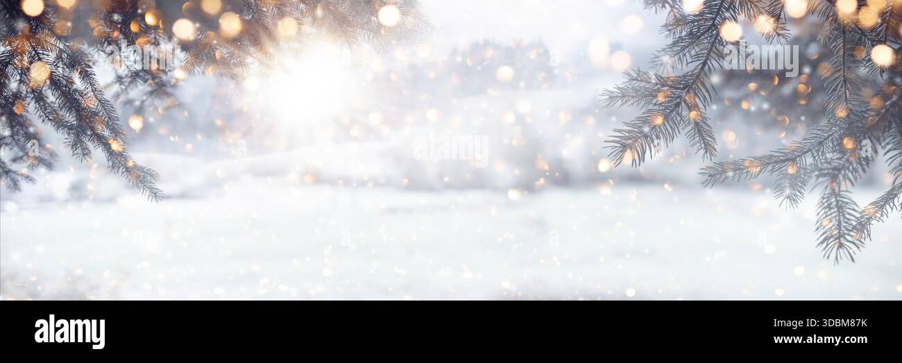 Verschwommener Winter- und weihnachtshintergrund mit verschneiten Tannenzweigen und abstrakten goldenen Lichtern in einer festlichen Weihnachtsszene. Horizontales Banner mit winterlichem Design und Platz für Text. Stockfoto
