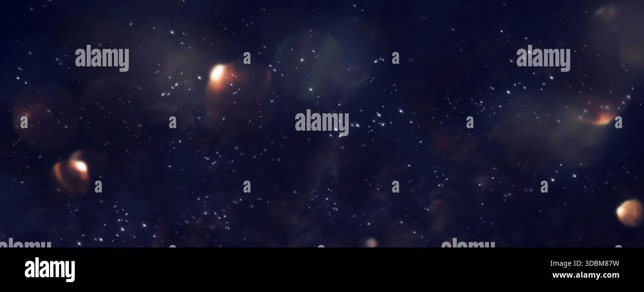 Leuchtende Sterne am Nachthimmel mit festlichem goldenem Bokeh. Horizontaler Hintergrund für glänzende Feiern mit Platz für Text. Stockfoto