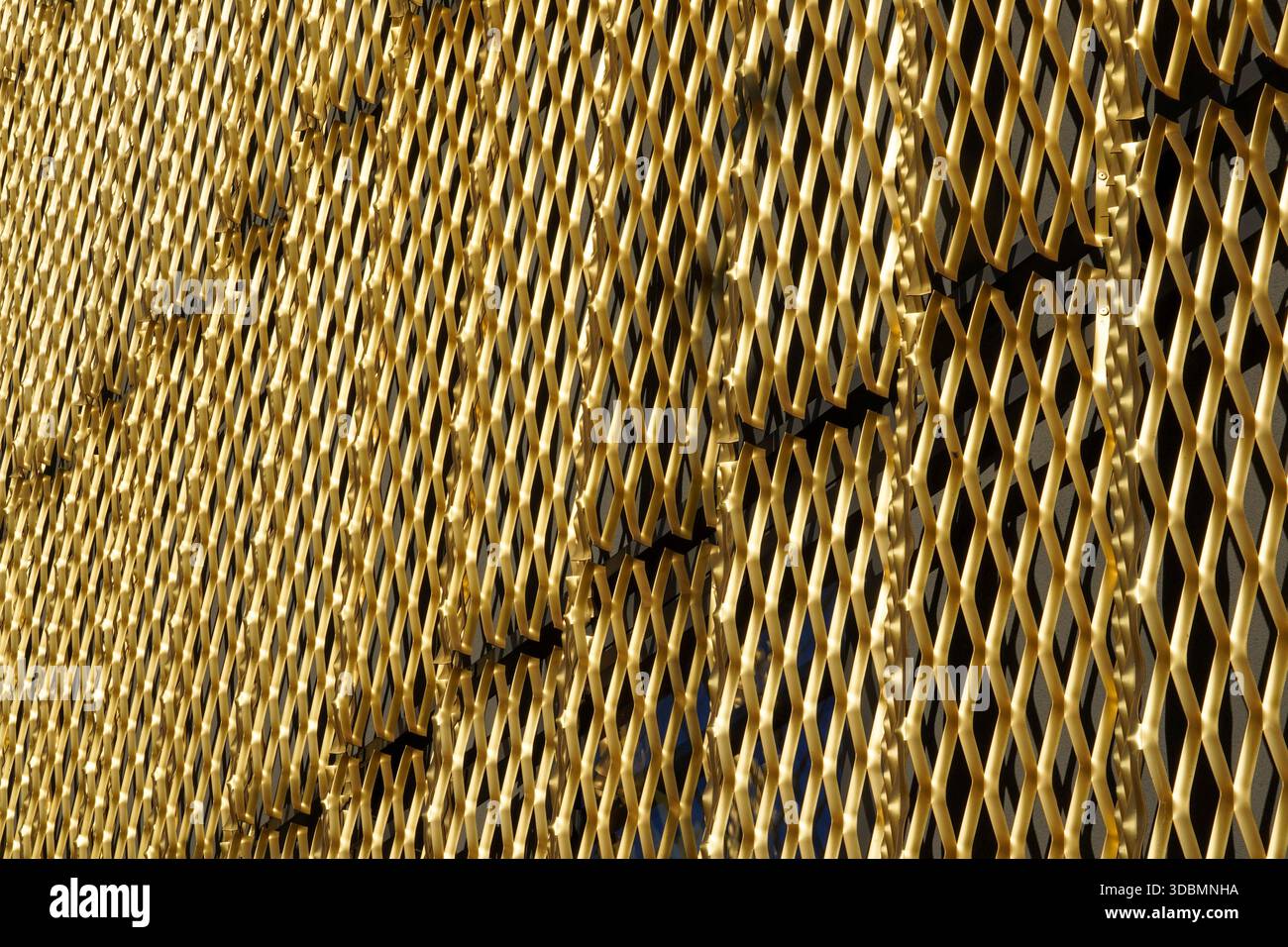 Genf, Schweiz, Ecole des Cropettes, goldene Fassadenfläche, geometrische Gitterdetails, Lichtschatten spielen Stockfoto