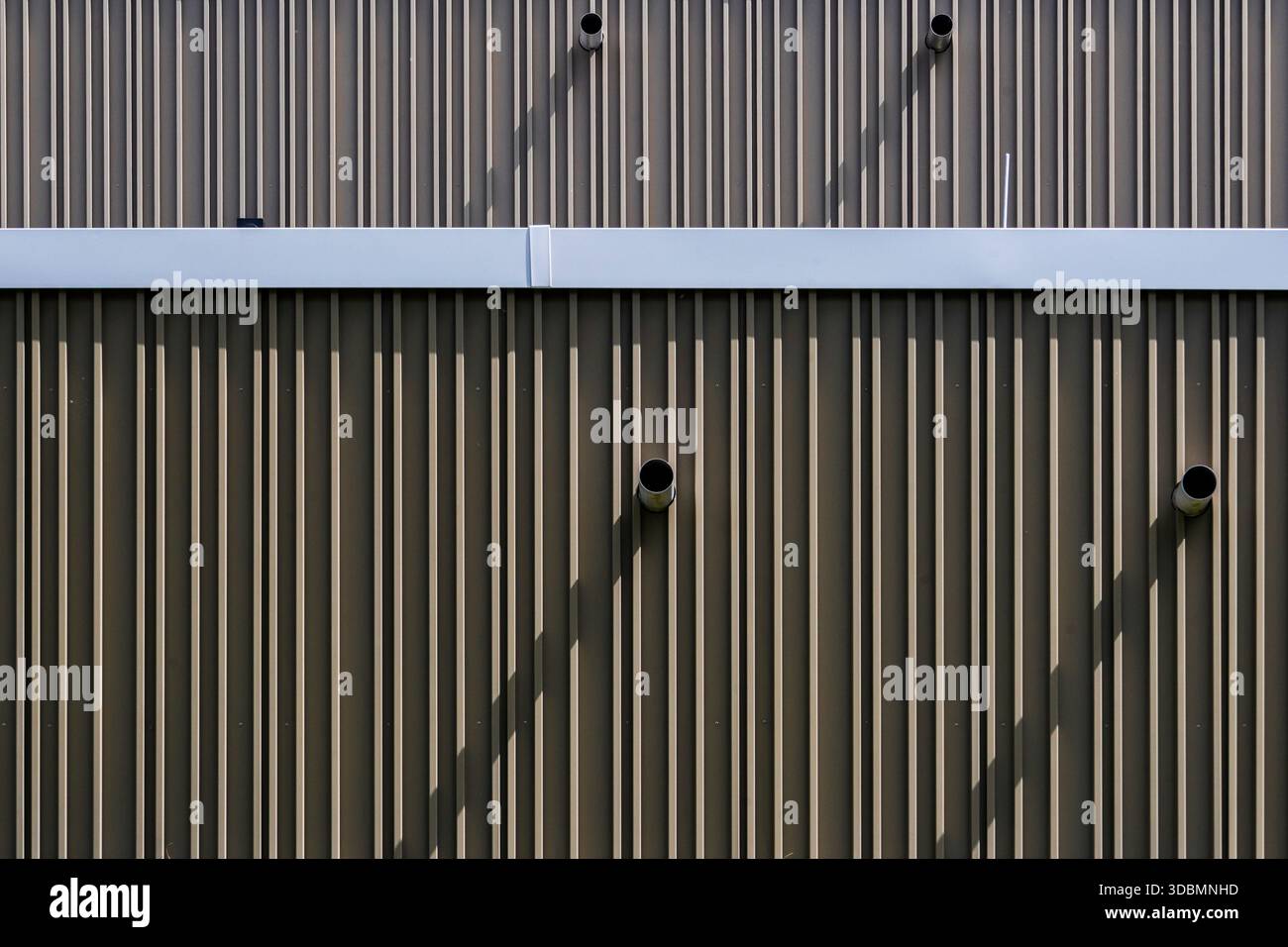 Kaufbeuren, Deutschland, vertikaler Fassadenrhythmus, zylindrische Pfeifenschatten, architektonische Textur, funktionale Designästhetik, Projekt Köhler Architekten, vertikaler Fassadenrhythmus, Rohrschattenmuster, architektonische Wanddetails, Jakob-Brucker-Gymnasium Stockfoto