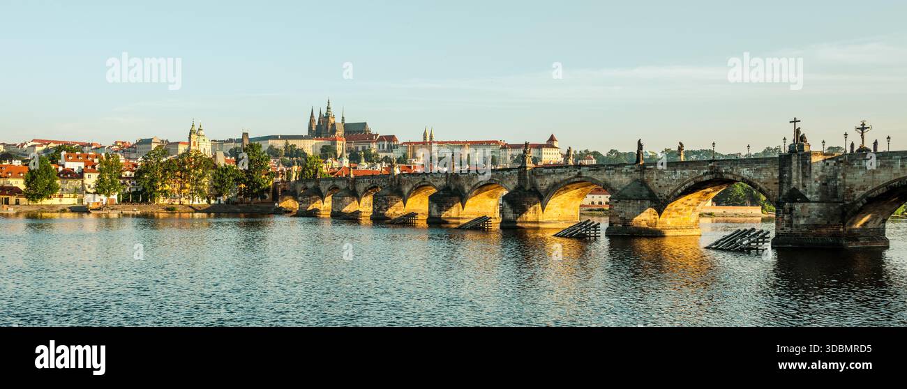 Die Prager Burg erhebt sich majestätisch über der Moldau, während die Karlsbrücke sich anmutig über das Wasser erstreckt. Das Licht am frühen Morgen wirft einen goldenen Farbton über dieses ikonische Stadtbild. Stockfoto