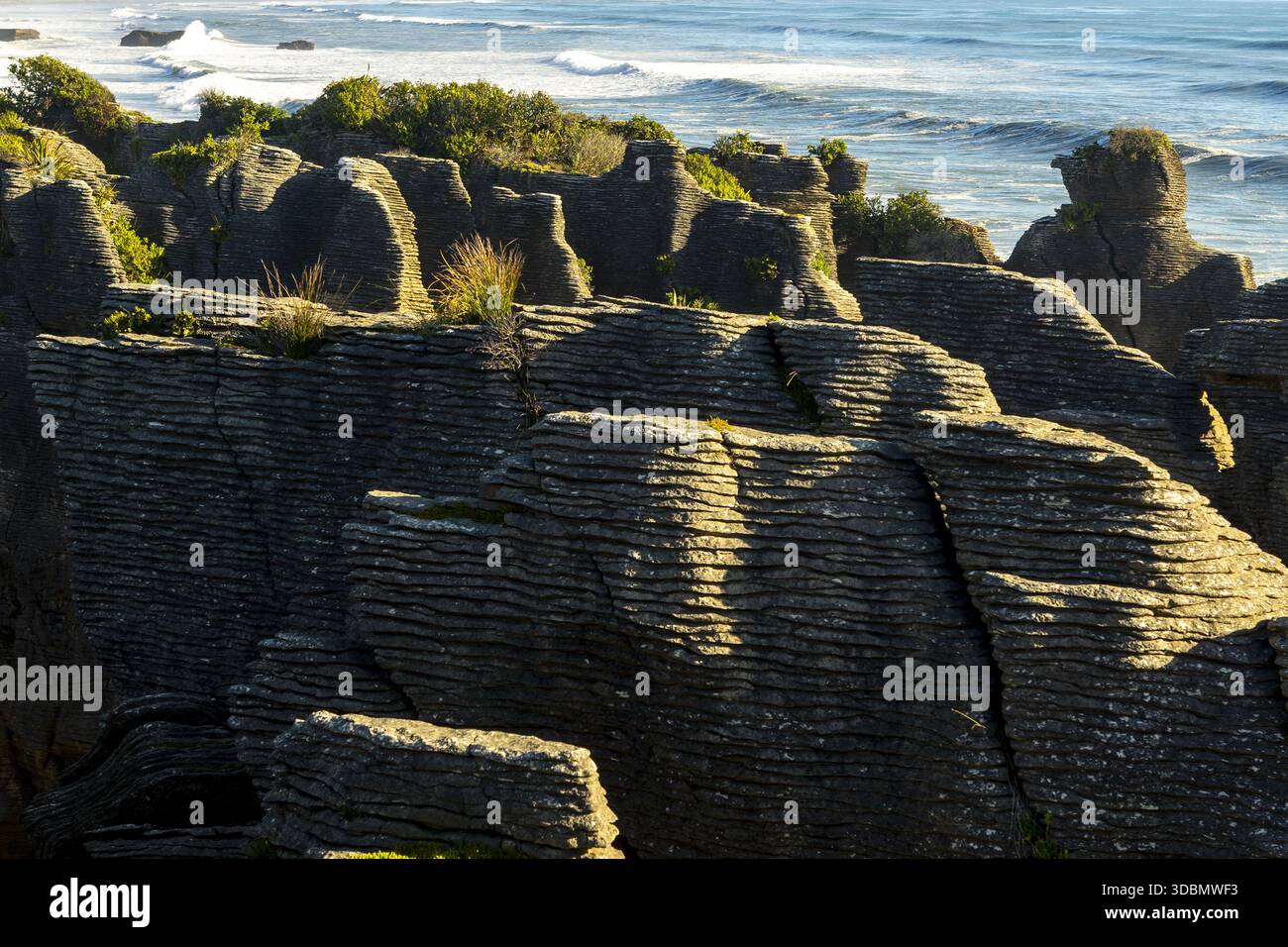 Blick auf die geschichteten Pfannkuchenfelsen, die mit grüner Vegetation geschmückt sind, majestätisch vor dem Hintergrund des Ozeans, Punakaiki, Tasman Region, New Zeal Stockfoto