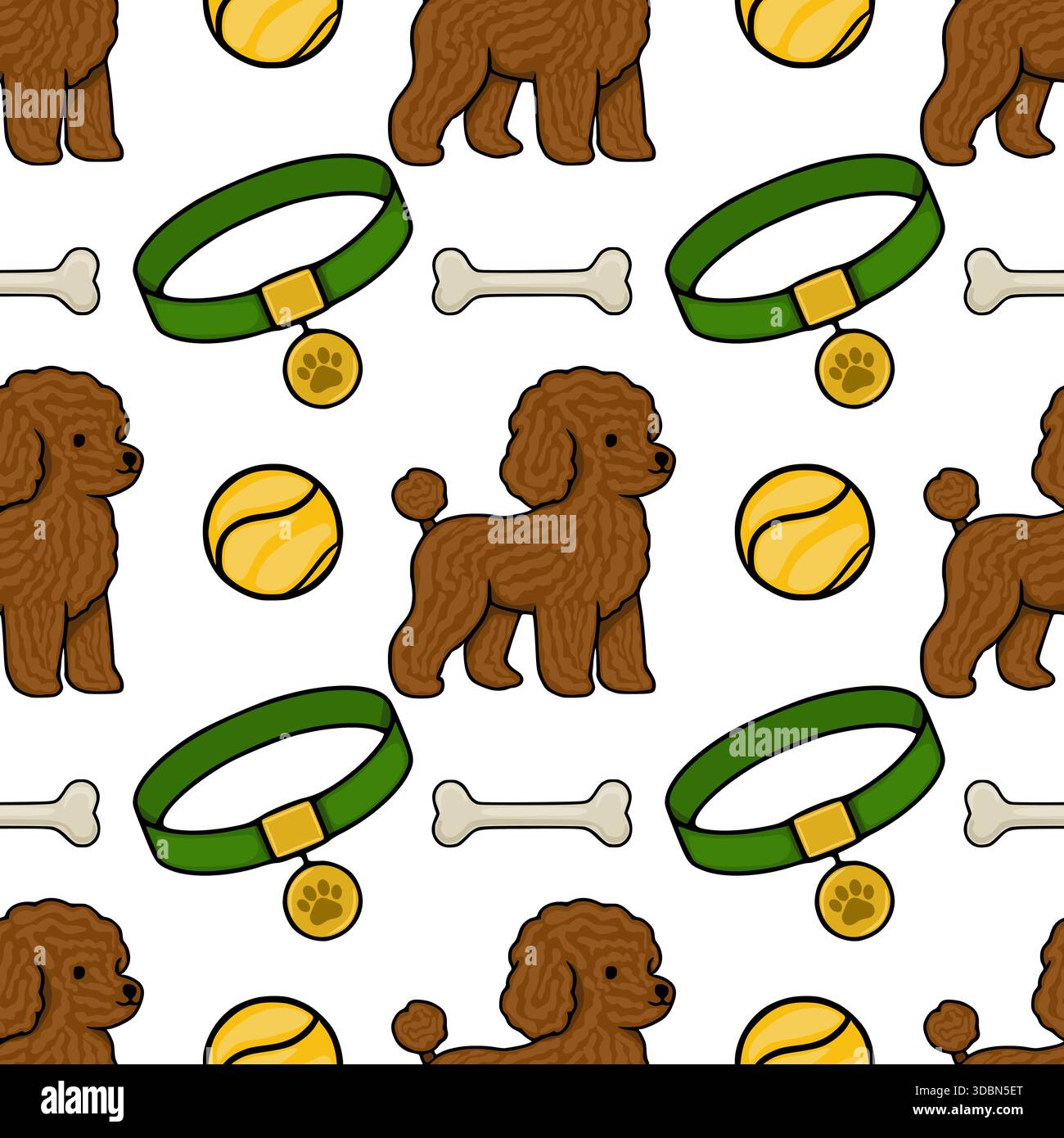 Nahtloses Vektormuster mit verspielten braunen Pudeln, Hundehalsbänder mit Pfotendruck-Tags und Kauknochen, alle auf einem sauberen weißen Hintergrund, EV Stock Vektor