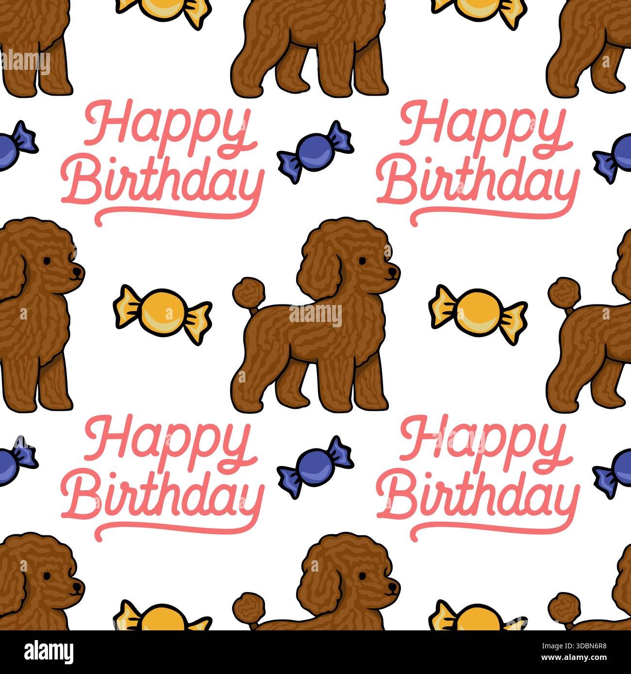 Nahtloses Vektormuster mit verspielten braunen Pudeln und bunten Bonbons, mit einem „Happy Birthday“-Gruß in einer bezaubernden Schriftart, perfekt für Stock Vektor
