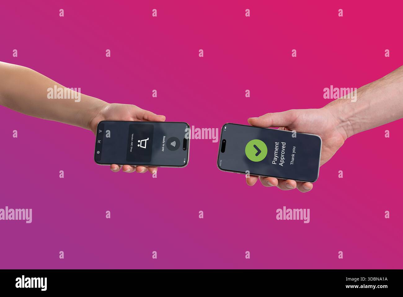 Kontaktlose Smartphone-Zahlung zwischen zwei mobilen Geräten, die digitale Peer-to-Peer-Transaktionen und moderne bargeldlose Technologie darstellen Stockfoto