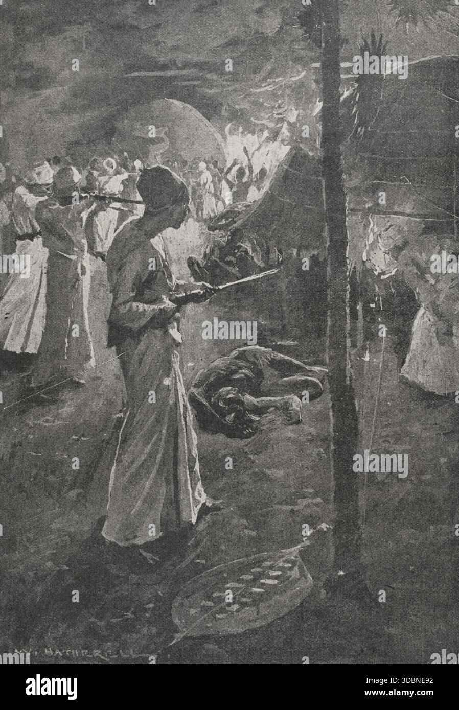 Razzien für Sklaven. Afrika. Illustration von W. Hatherell (1855-1928). Fotografie. "La conquista de Africa" (die Eroberung Afrikas), von Alfredo Opisso. Band II. Veröffentlicht in Barcelona (Spanien) von Molinas y Maza Editores, 1911. Stockfoto