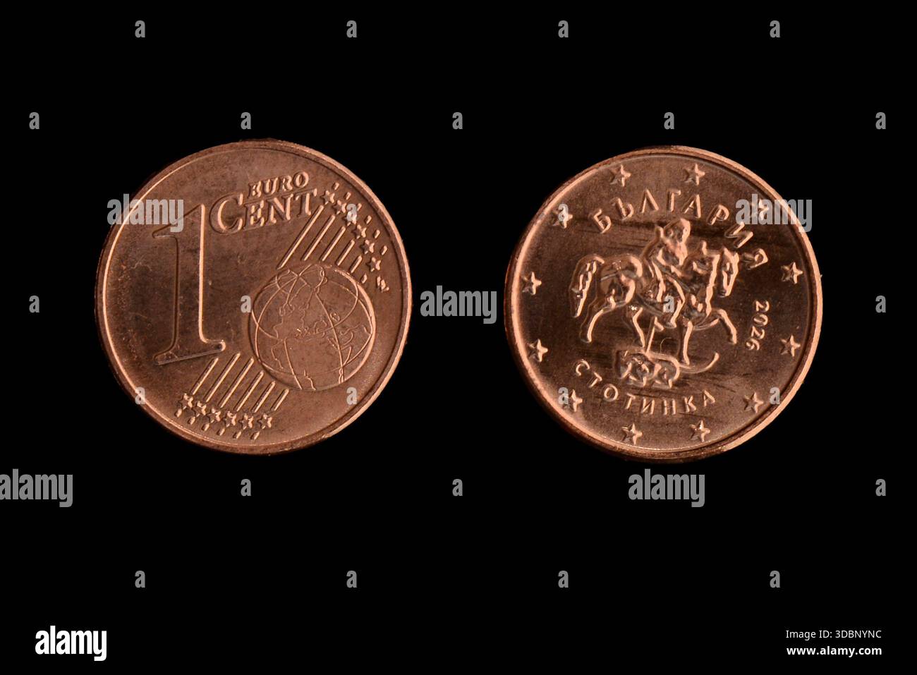 1 Euro-Cent-Münze bulgarische Stückelung 2026 Vorder- und Rückseite Stockfoto