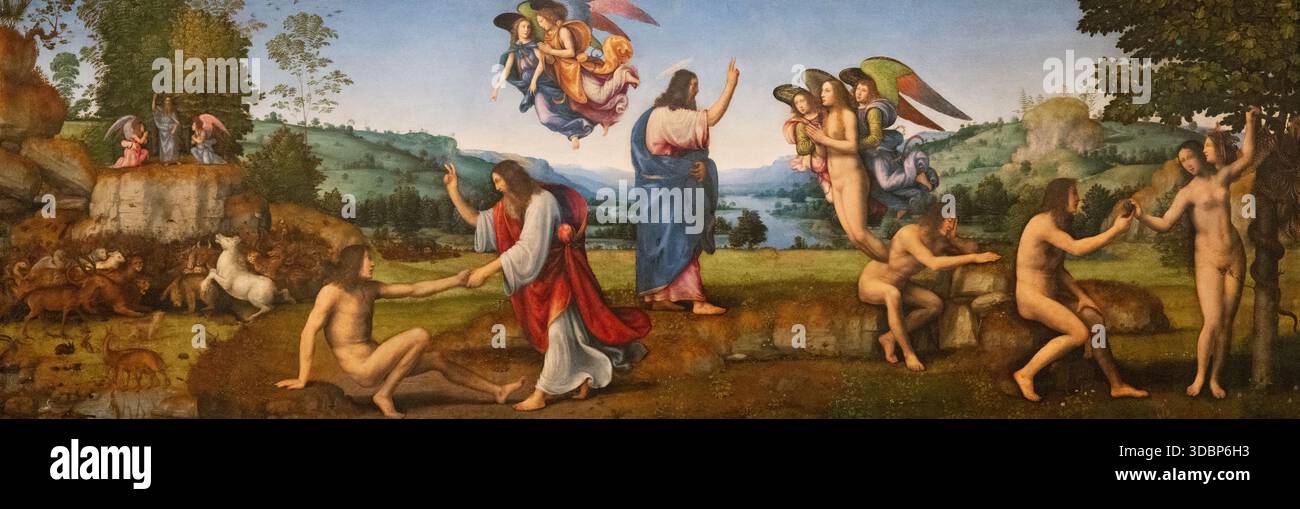 Mariotto Albertinelli „die Schöpfung und der Fall des Menschen“, 1513–14; Oil on Wood; die biblische Geschichte in vier Episoden, von links nach rechts. !Religiöse Malerei aus dem 6. Jahrhundert, italienische Rennaisance-Kunst. Stockfoto