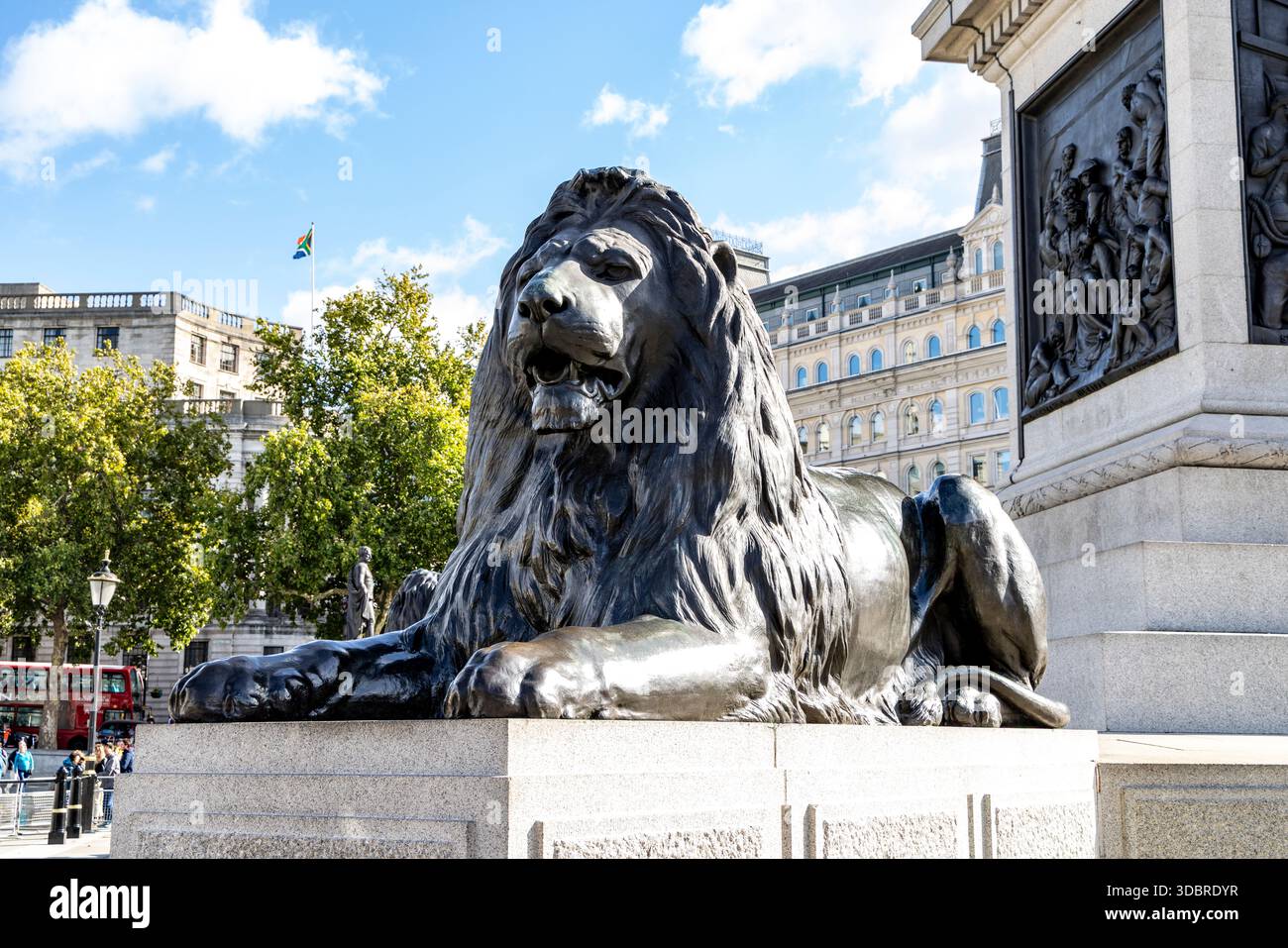 London Trafalgar Square einer der vier Bronze-Gusseisen, die Sir Edwin Landseer am Fuß der Nelsons Column entwarf, symbolisieren die Lions das britische Heldentum Stockfoto