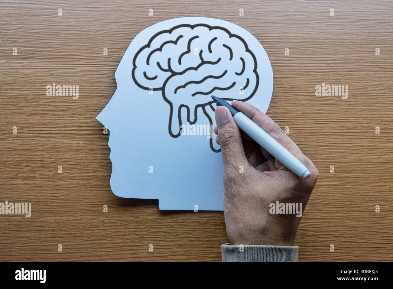 Eine Hand zeichnet ein schmelzendes Gehirn auf einen Papierausschnitt eines menschlichen Kopfes. Gehirnfäule, kognitiver Rückgang, mentale Erschöpfung, Burnout, Dummheitskonzept. Stockfoto