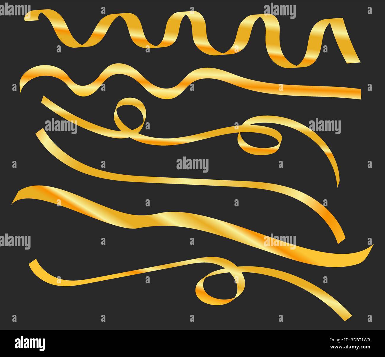 Elegantes goldenes Band dekoratives Wirbel Set luxuriöse festliche geschwungene Elemente Vektor-Design auf dunklem Hintergrund Stock Vektor